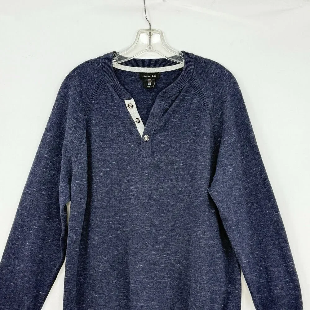 Porter & Ash Henley Sweater Mens Size M Blue Long Sleeve Casual Preppy